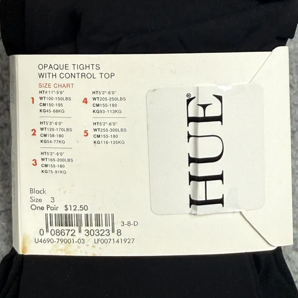 HUE Opaque Control Top Tights Womens Size 3 Black Goth Dark Academia Preppy NIP